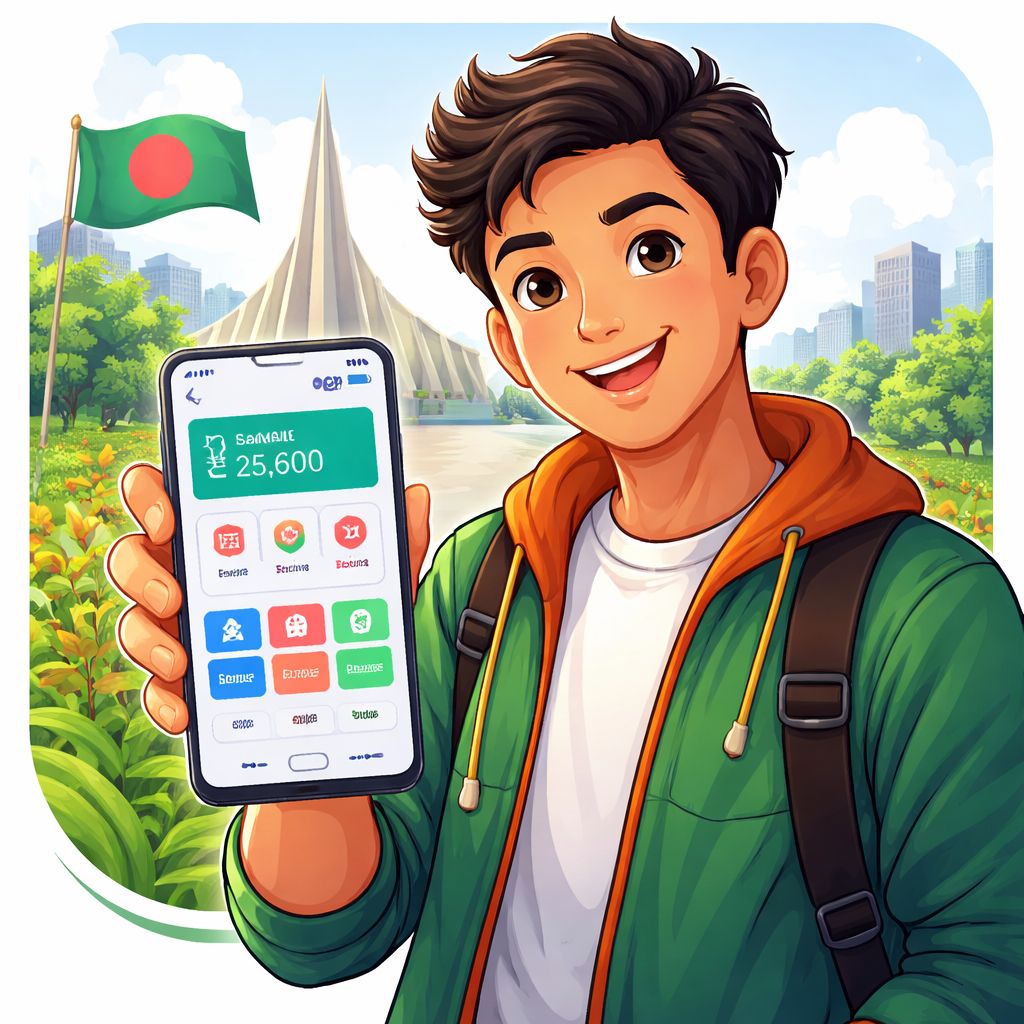 bd007 app themed cartoon character using a smartphone with bright mobile interface elements