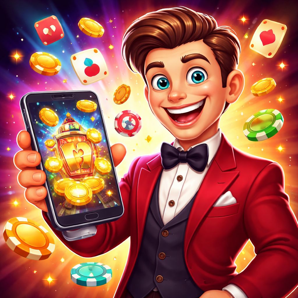 bd007 themed cartoon casino characters with chips and mobile gaming elements