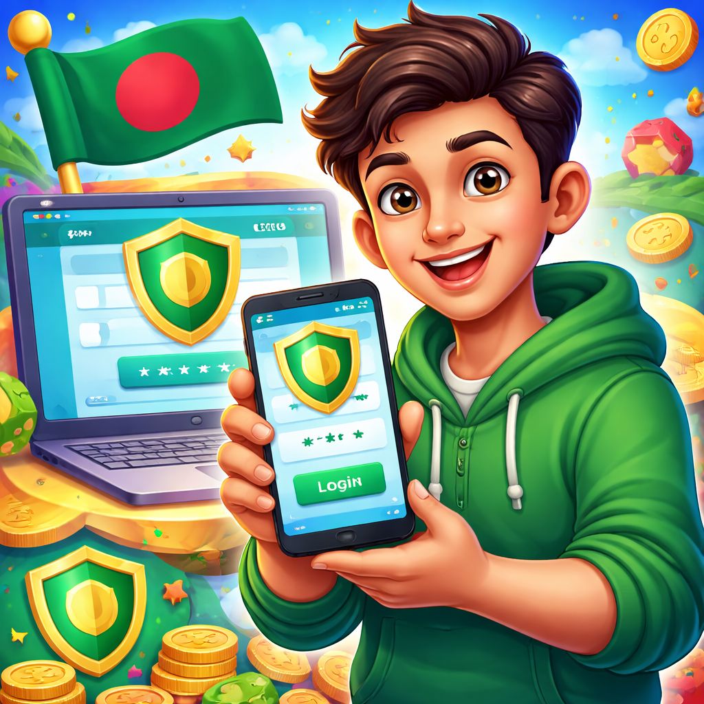 Cartoon character using a mobile phone to access a gaming account with shield icons